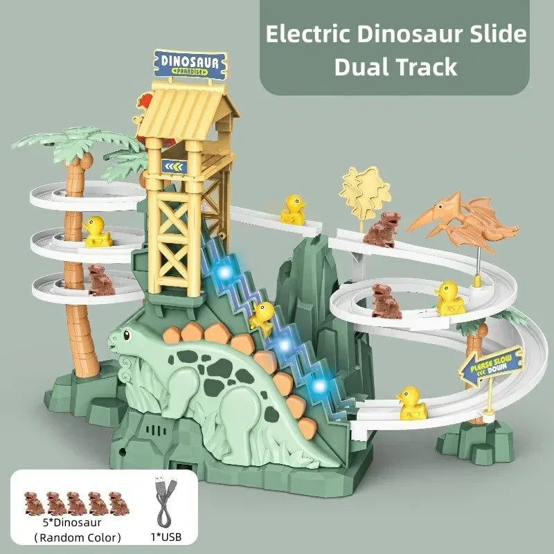 Electric Double Track Dinosaur Toy Car Slide Climbing Stairs Adventure Dinosaur Railcar Toy Music Educational Toy for Kids Gift