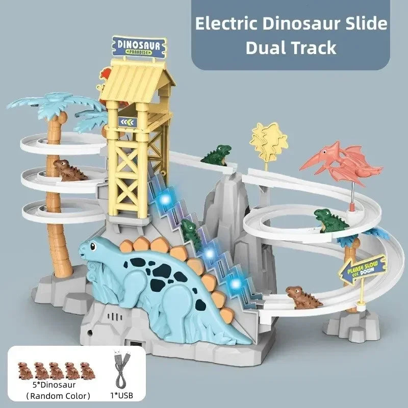 Electric Double Track Dinosaur Toy Car Slide Climbing Stairs Adventure Dinosaur Railcar Toy Music Educational Toy for Kids Gift